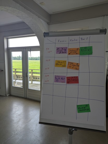 Schedule with post its in front of a window, green  meadows in the background